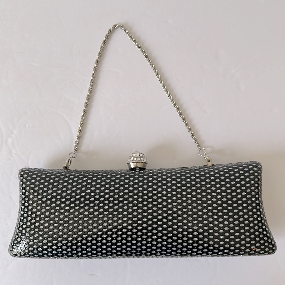 Expressions NYC Black Silver Faux Diamond Evening Handbag Purse Chain Clutch